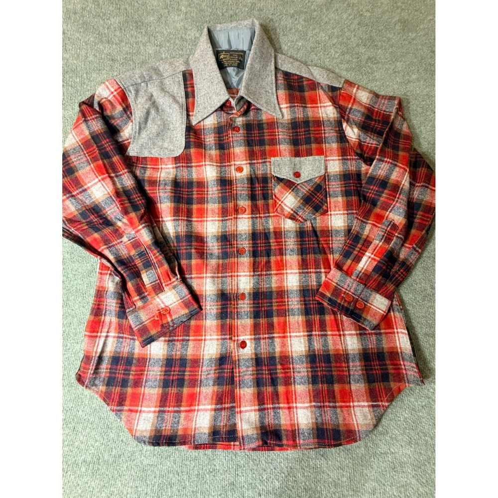 Kmart Flannel Shirt Mens L Red Plaid  Vintage Wool Blend Contrast Yoke
